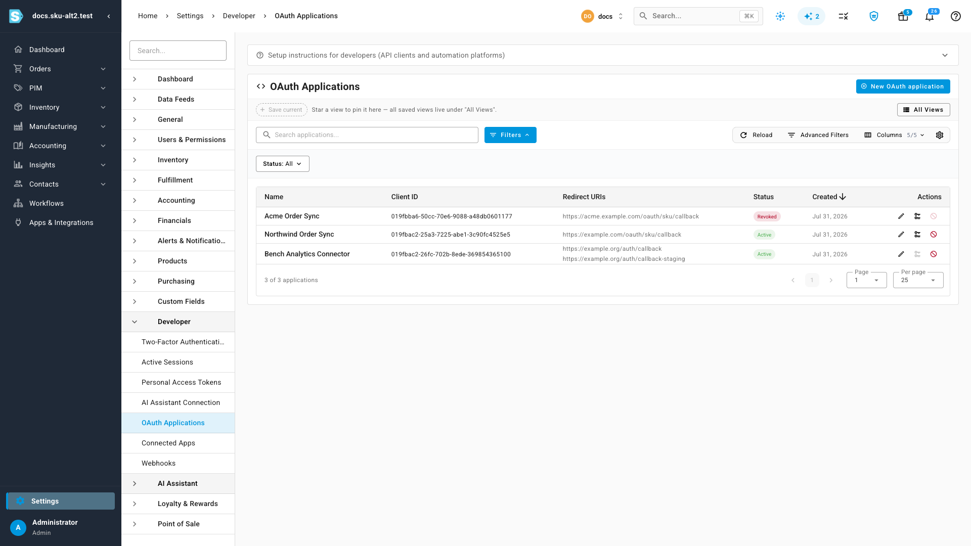 The OAuth Applications page listing three registered applications with their client IDs, redirect URIs, and status