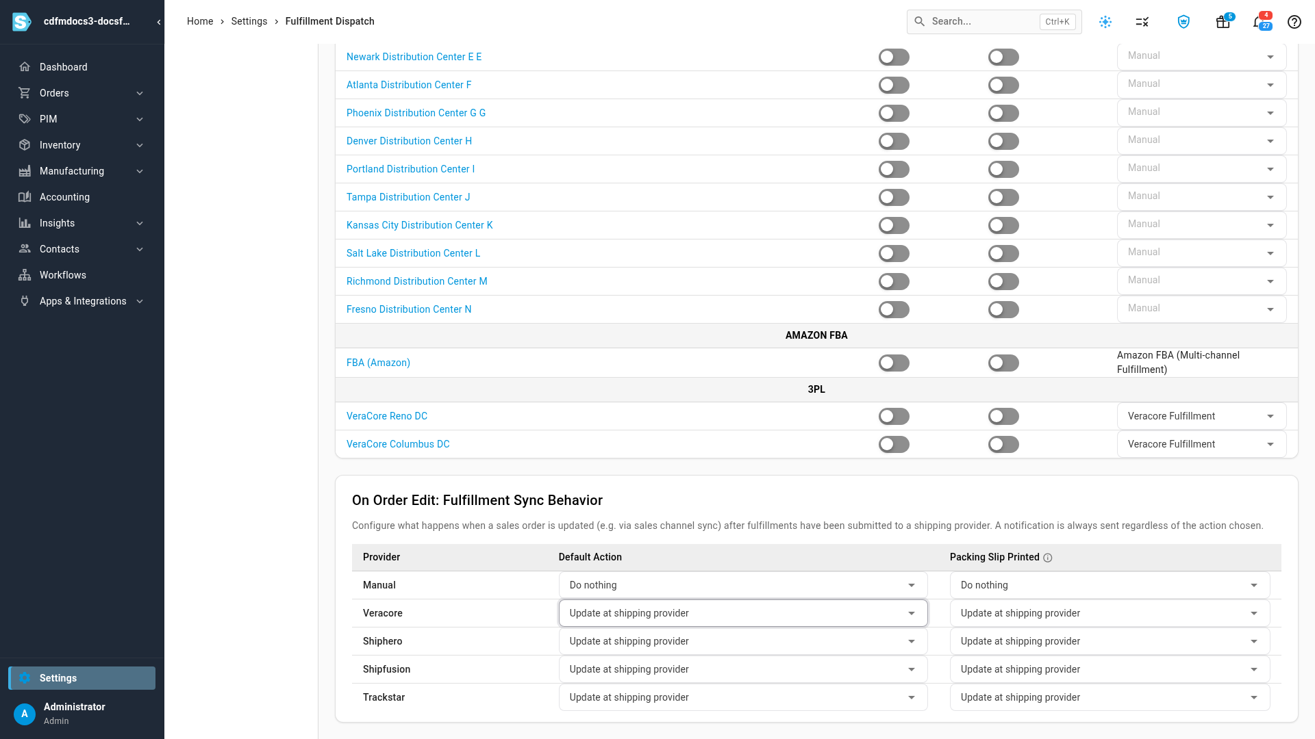 On Order Edit settings, one row per provider
