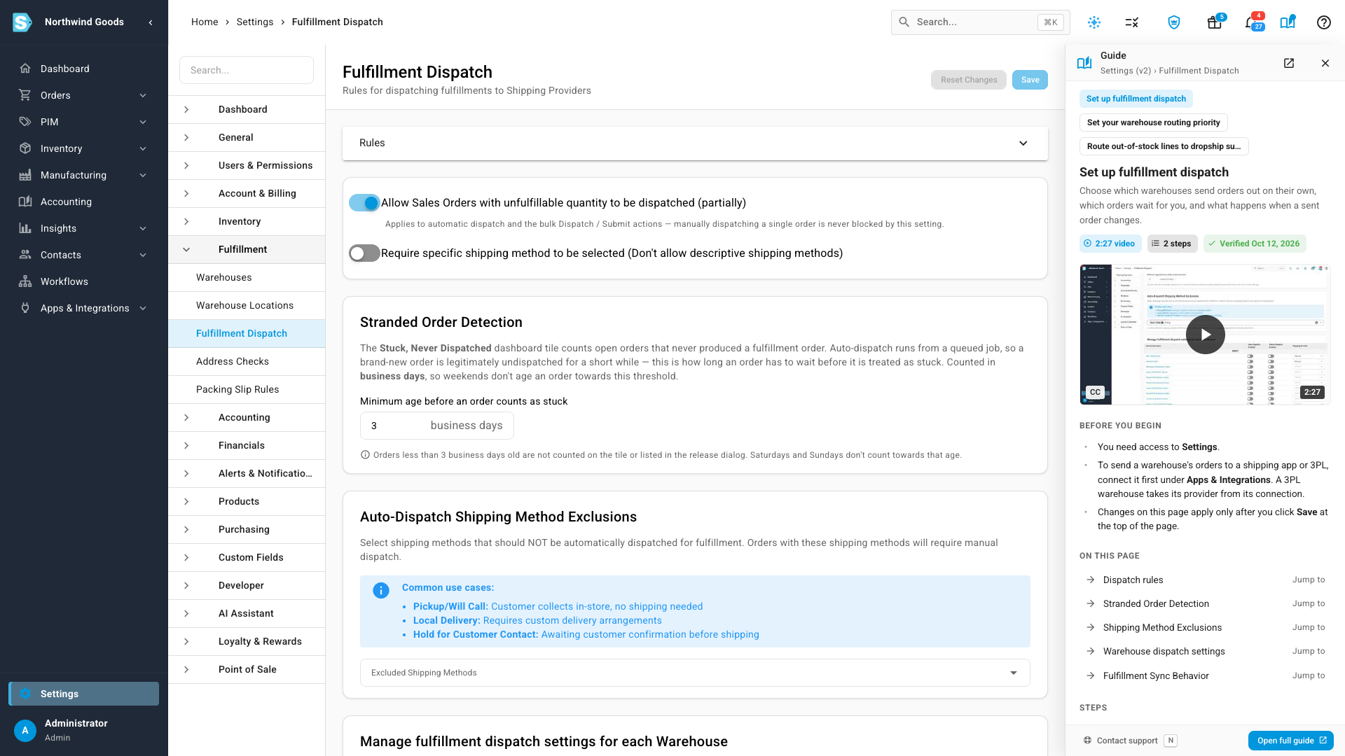 The guide panel on Fulfillment Dispatch settings, with the Set up fulfillment dispatch guide and an On this page list of the page's sections