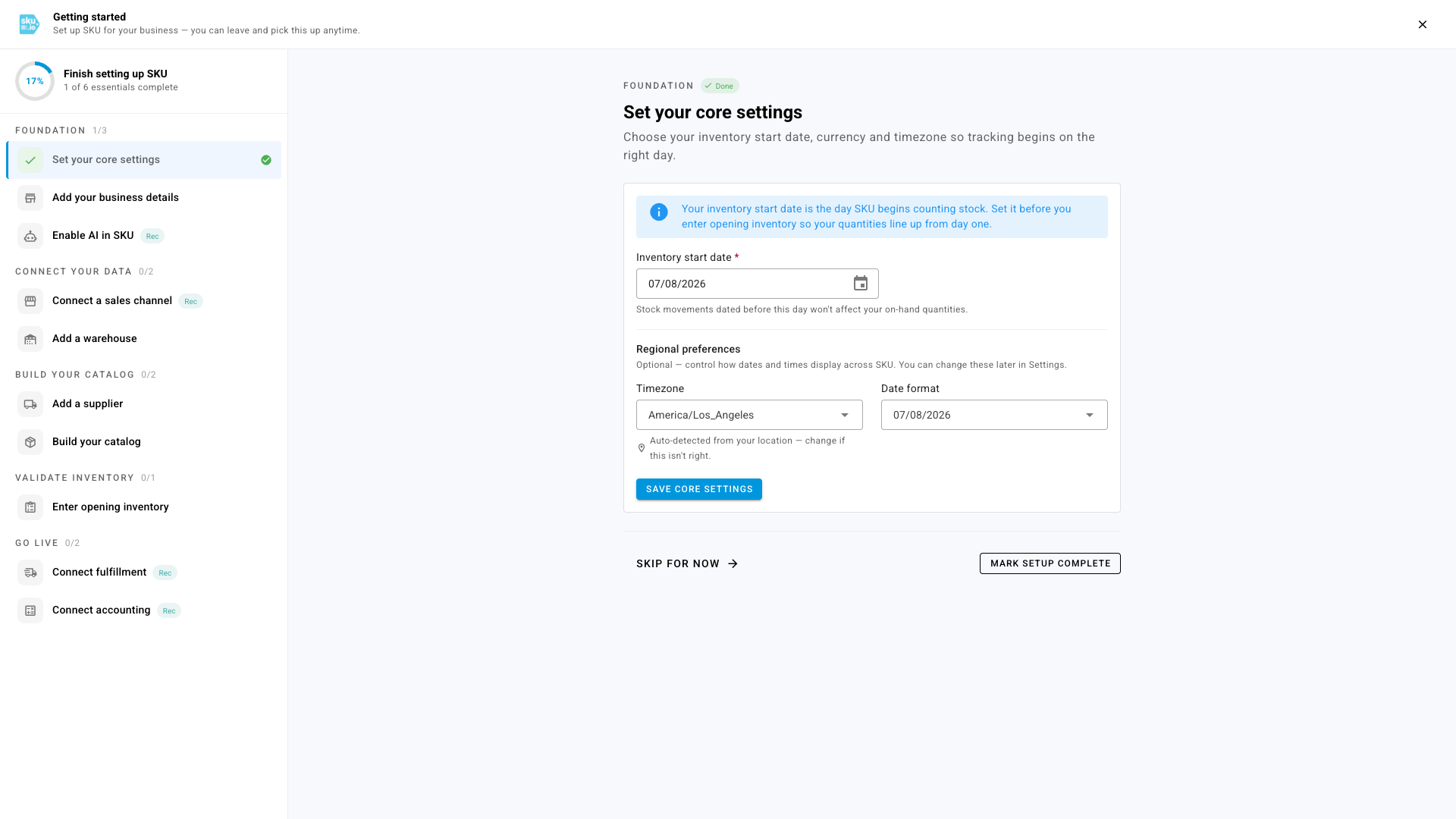 The SKU.io Getting started guide, showing the phased setup checklist and the core settings step