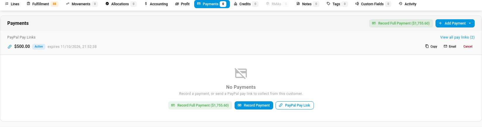 The PayPal Pay Links list on the order with an Active 500.00 link and its Copy, Email and Cancel buttons