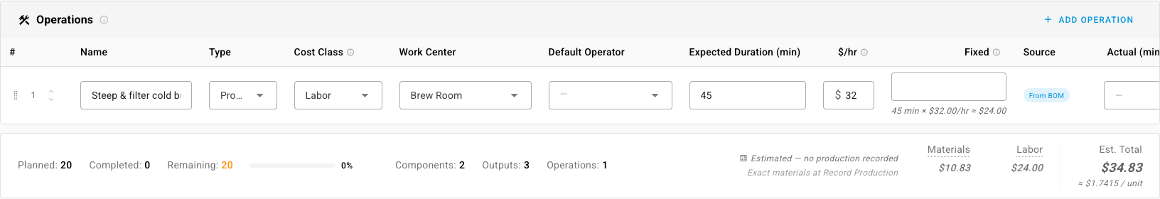 The Operations tab on a confirmed manufacturing order