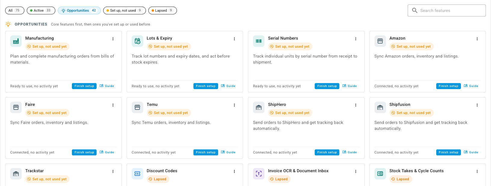 The Opportunities filter, listing features that are set up but unused