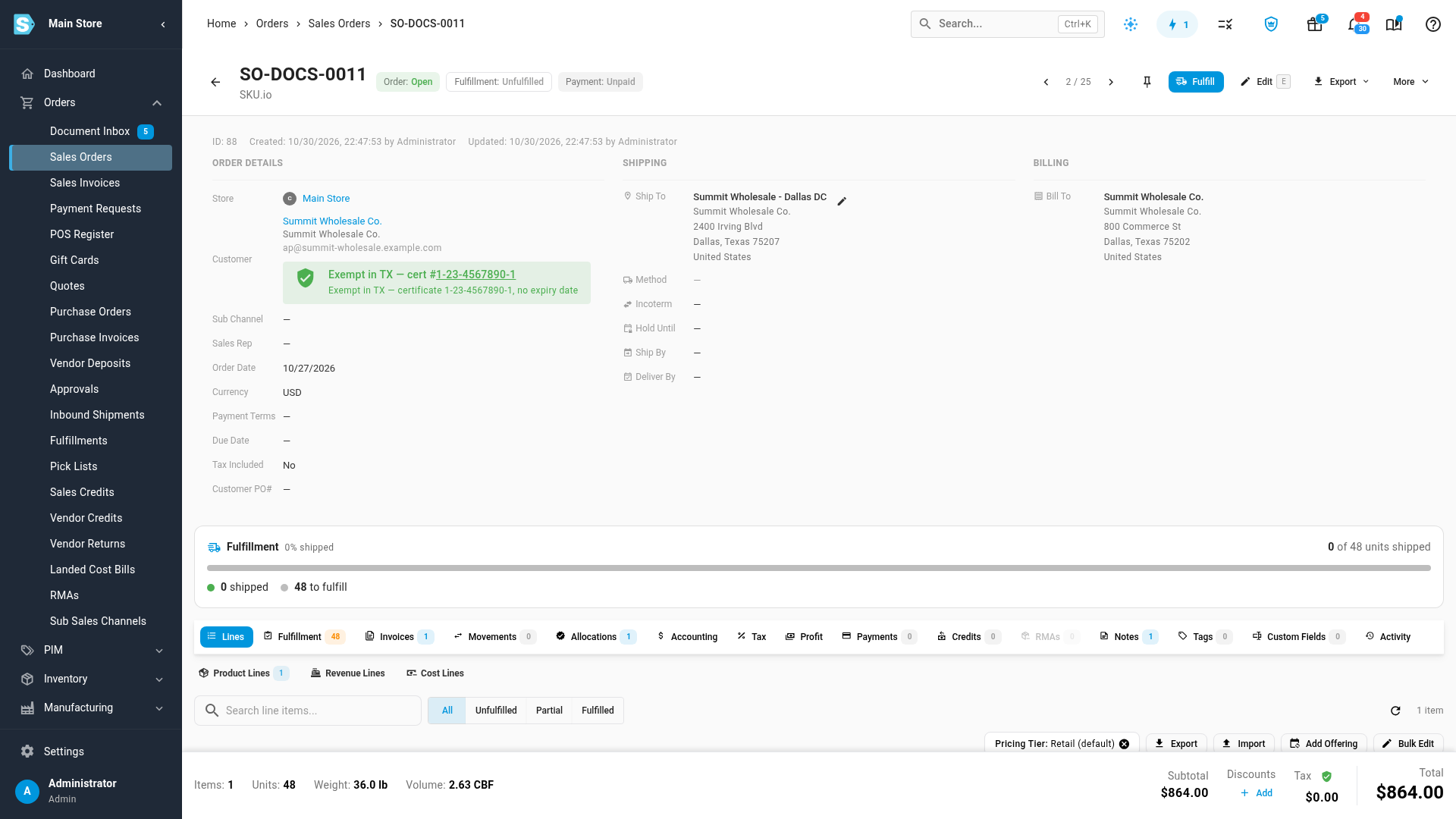 A sales order shipped to Texas: Exempt in TX, with the certificate number linked
