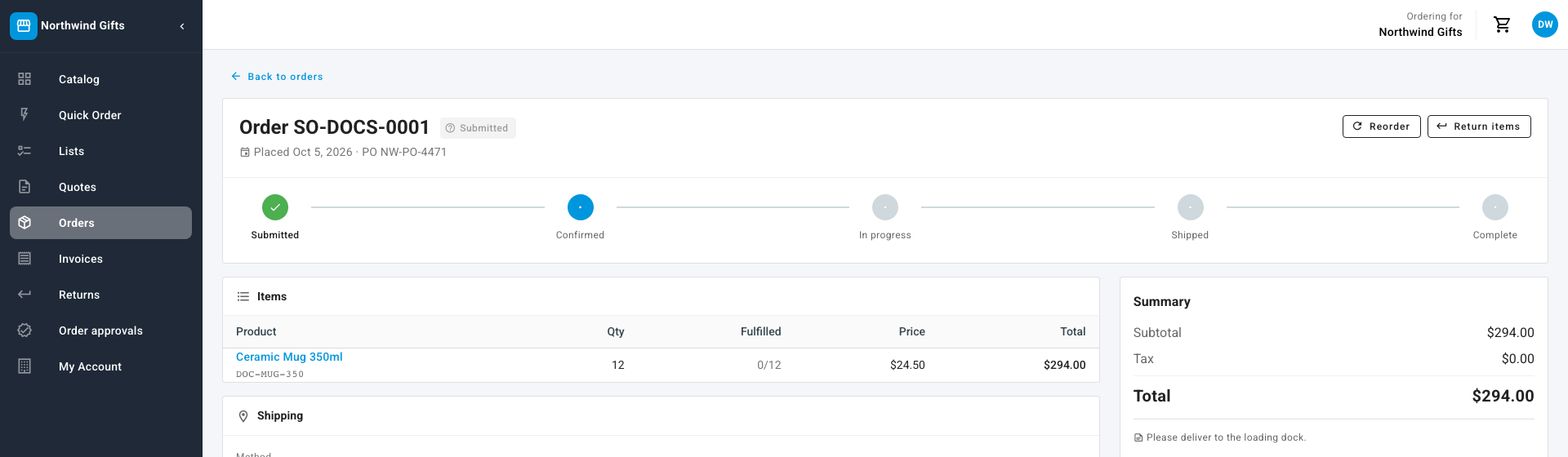 An order with the Reorder button