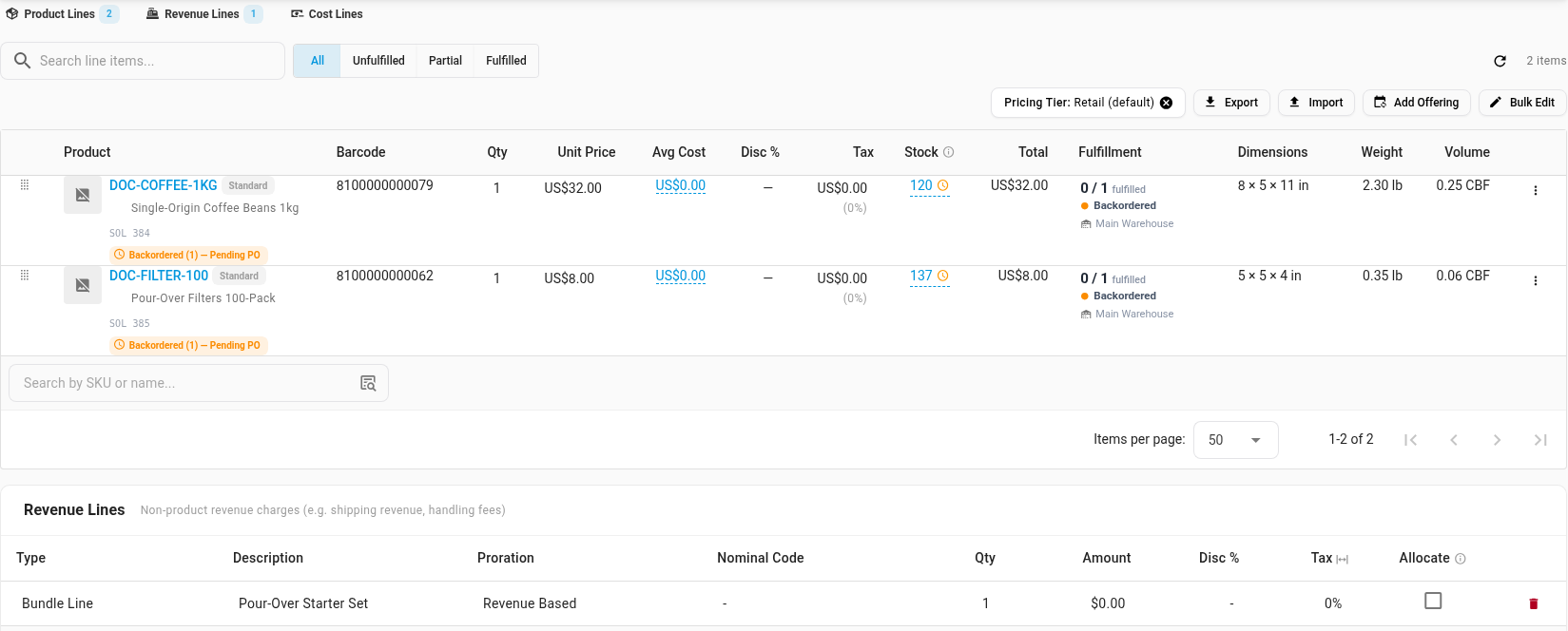 A sales order with the two items as product lines and the bundle under Revenue Lines