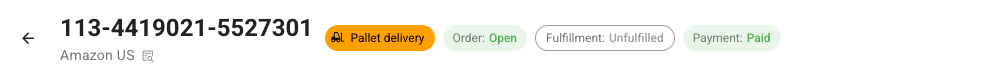 A sales order header showing an amber "Pallet delivery" chip beside the Open, Unfulfilled and Paid status chips
