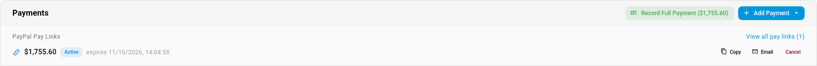 The Payments card on SO-1057, with an Active PayPal pay link for $1,755.60 and its expiry date