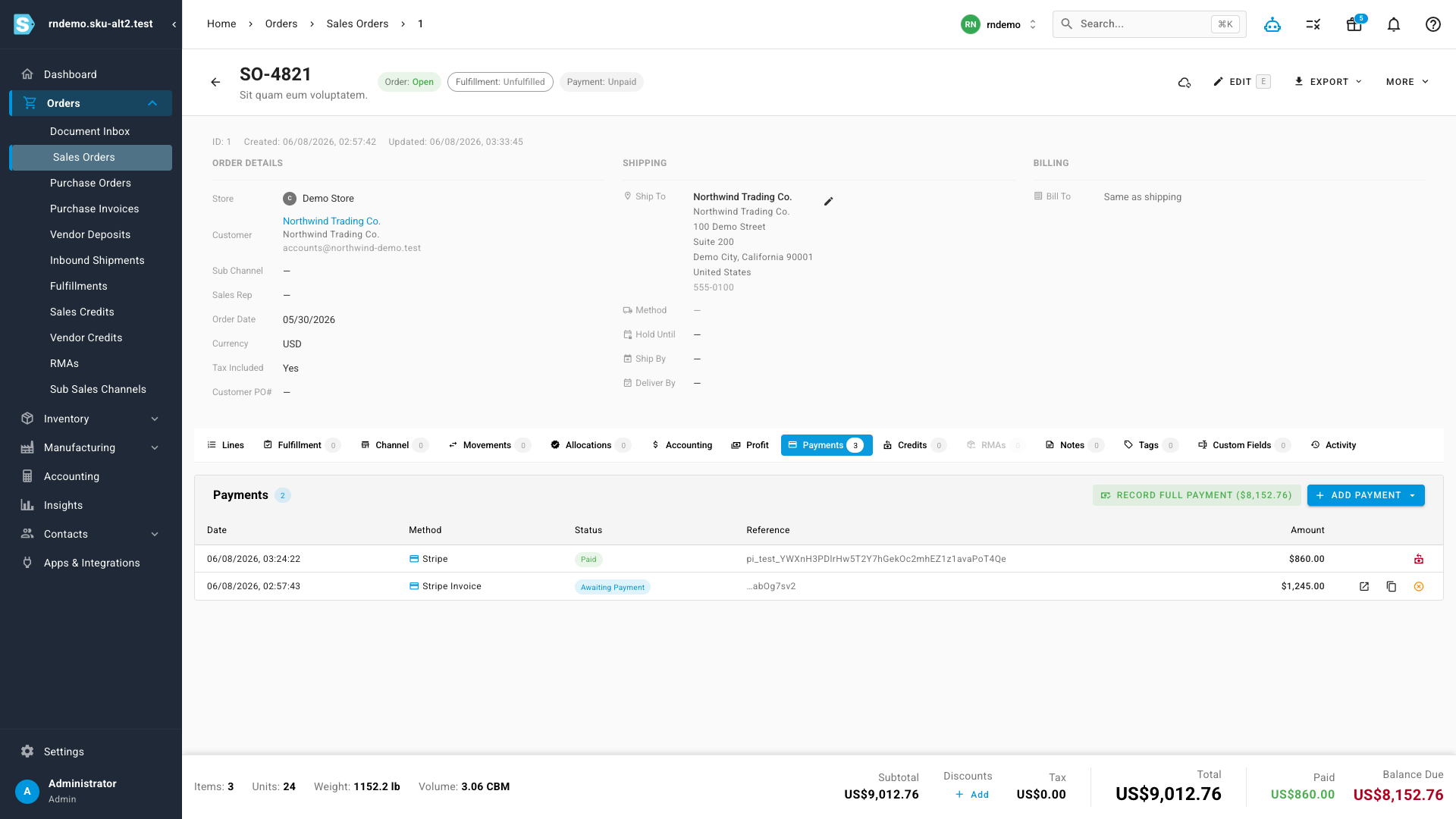 A sales order's Payments tab showing a Stripe payment recorded and an invoice awaiting payment