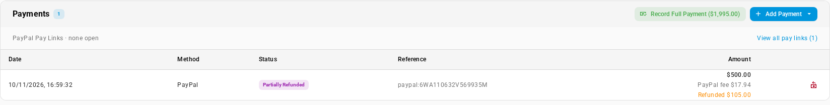 A PayPal payment on a sales order's Payments tab, with the Partially Refunded status, and the PayPal fee and Refunded $105.00 under the amount