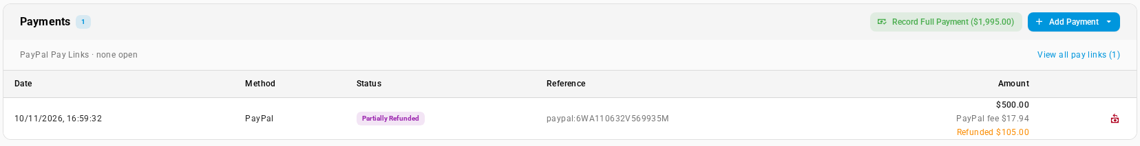A PayPal payment on a sales order, with the PayPal fee and the amount refunded so far under its amount