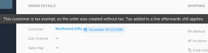 A sales order's Order Details with Northwind Gifts and a Tax exempt · RC-2210-883 chip, and its tooltip