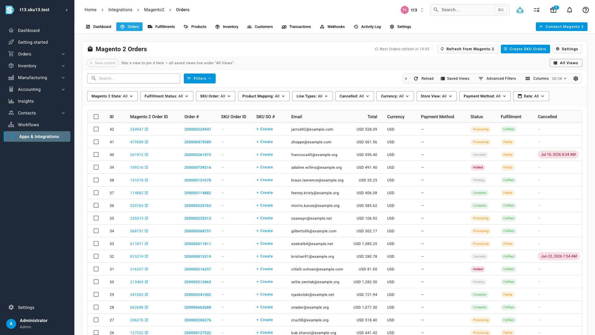 Magento 2 orders list with status chips and Create SKU Orders