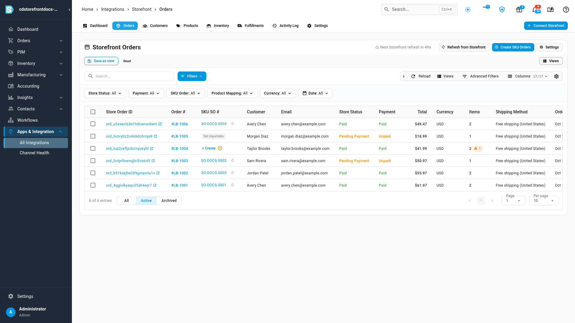 The Storefront Orders tab, with each store order linked to the SKU.io sales order it created