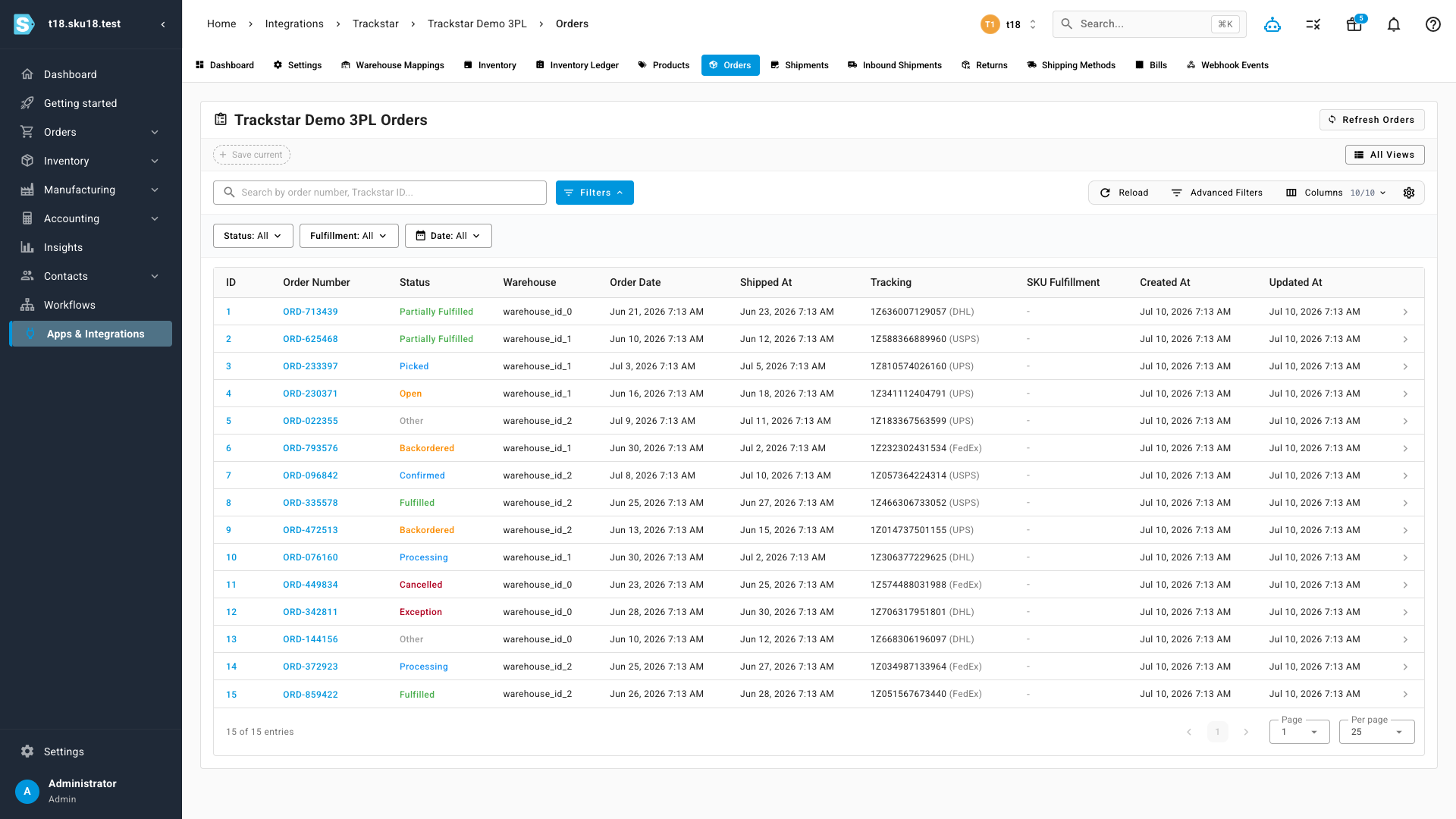 Warehouse orders synced into SKU.io with status, warehouse, ship dates and carrier tracking