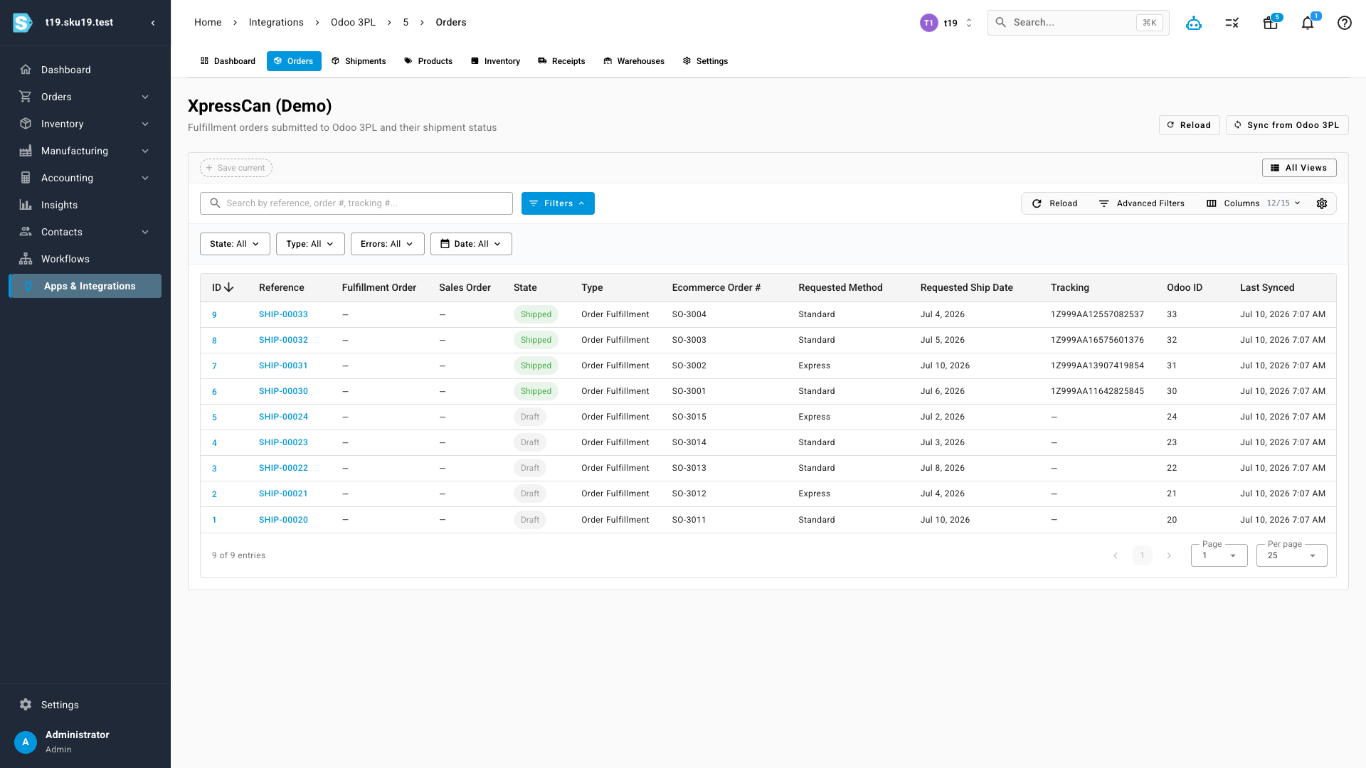The Odoo 3PL orders workspace listing outbound fulfillment orders and their status