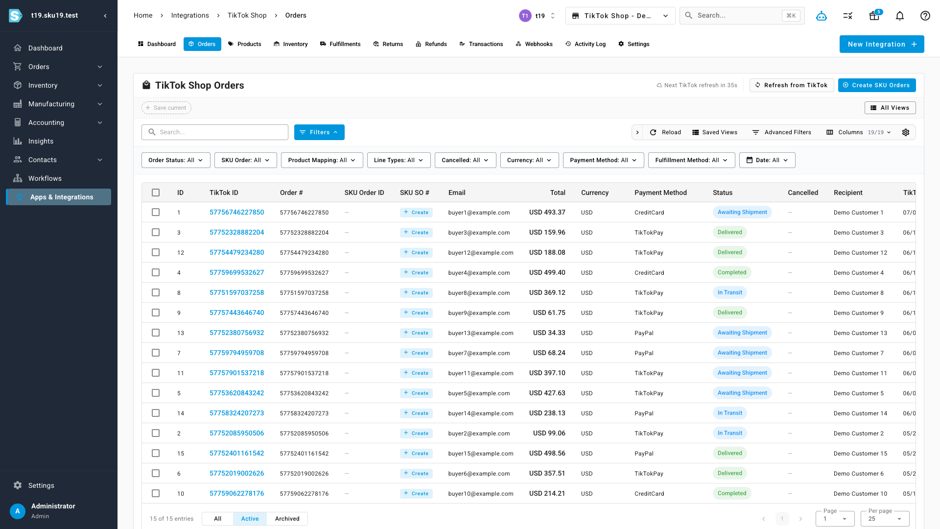 The TikTok Shop orders list with buyer, status, totals, and bulk actions