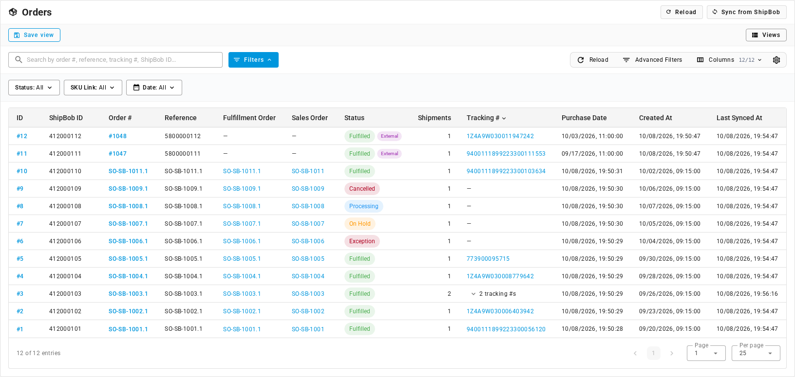 The ShipBob Orders tab, with status chips, linked fulfillment and sales orders, and tracking numbers