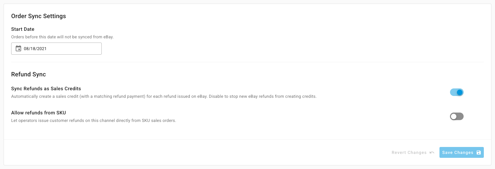 The Orders settings tab with the start date, Sync Refunds as Sales Credits, and Allow refunds from SKU