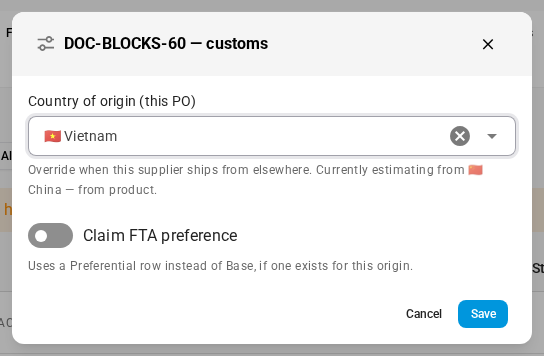 The line's customs dialog, with Vietnam as the origin for this order