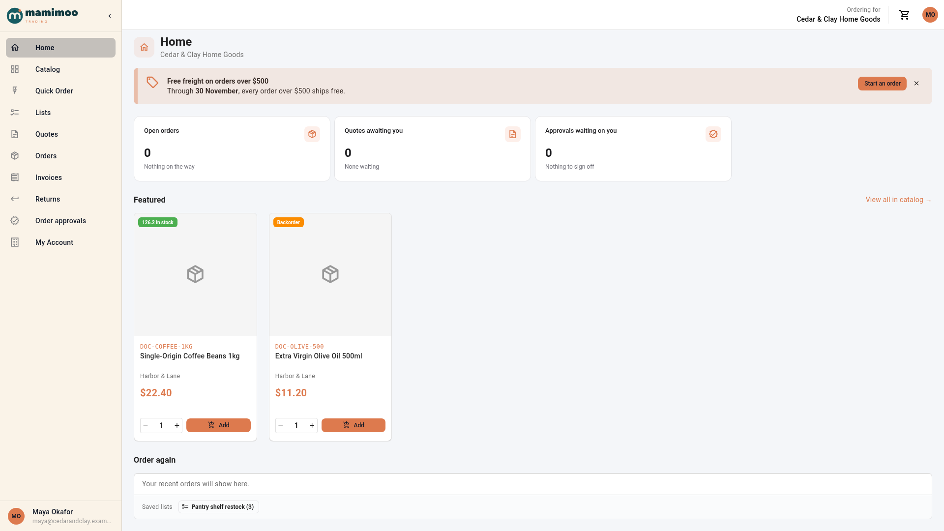 Home for a buyer on another account, with a different featured product and no orders yet