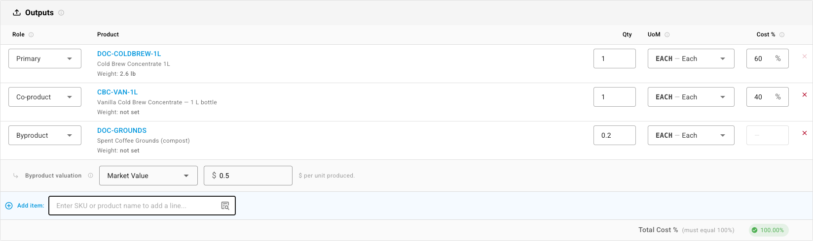 The Outputs tab with a primary output, a co-product and a by-product