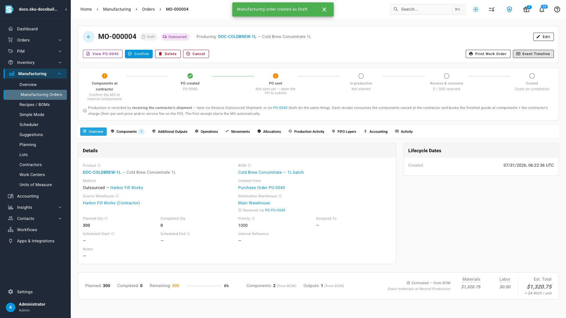 What Create Draft produces — MO-000004, flagged Outsourced, method "Outsourced — Harbor Fill Works", created from purchase order PO-0040, source warehouse filled in automatically as Harbor Fill Works (Contractor), 300 planned and 0 completed