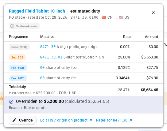 A line overridden to $5,200.00, with the calculated amount and the reason kept in the breakdown