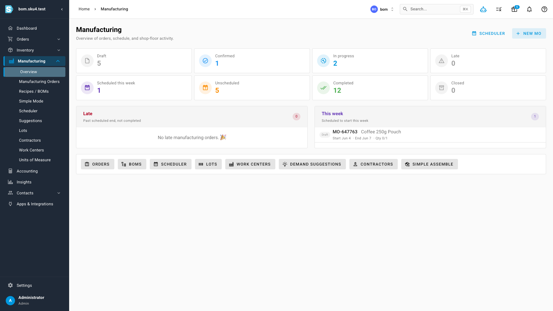 The Manufacturing overview with the order status pipeline and this-week schedule