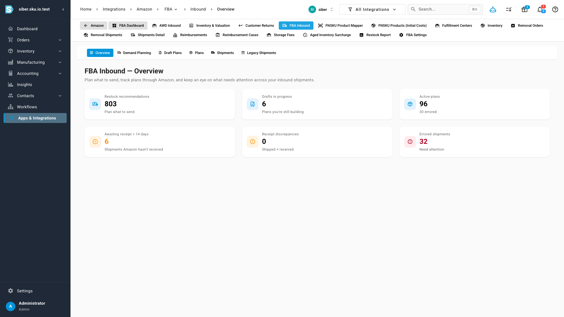 FBA Inbound overview showing restock recommendations, drafts in progress, active plans, shipments awaiting receipt, discrepancies, and errored shipments