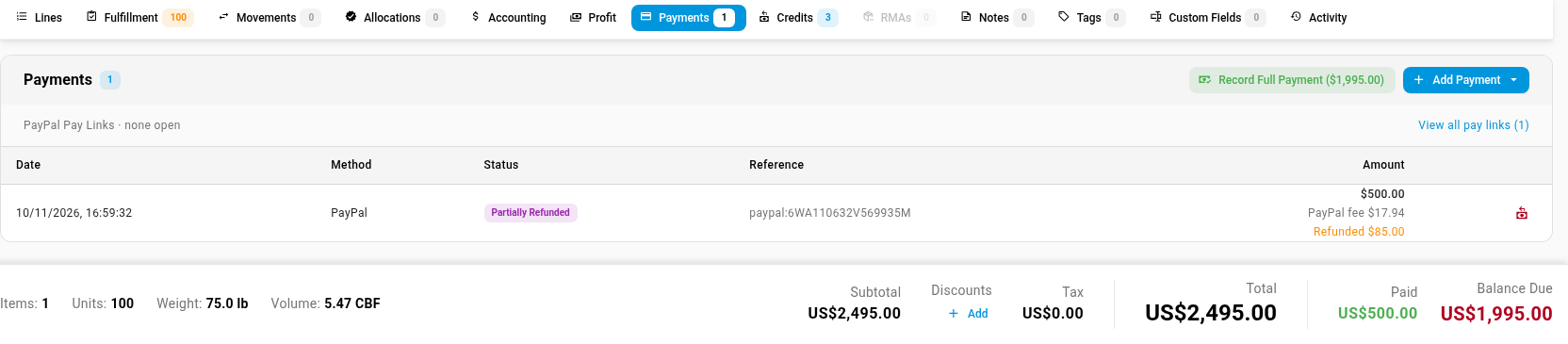 A PayPal payment on a sales order with the method PayPal, and the PayPal fee and the refunded amount under the amount