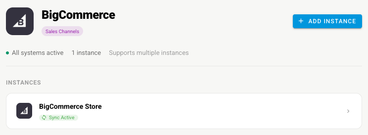The BigCommerce panel under Apps & Integrations with its connected instance
