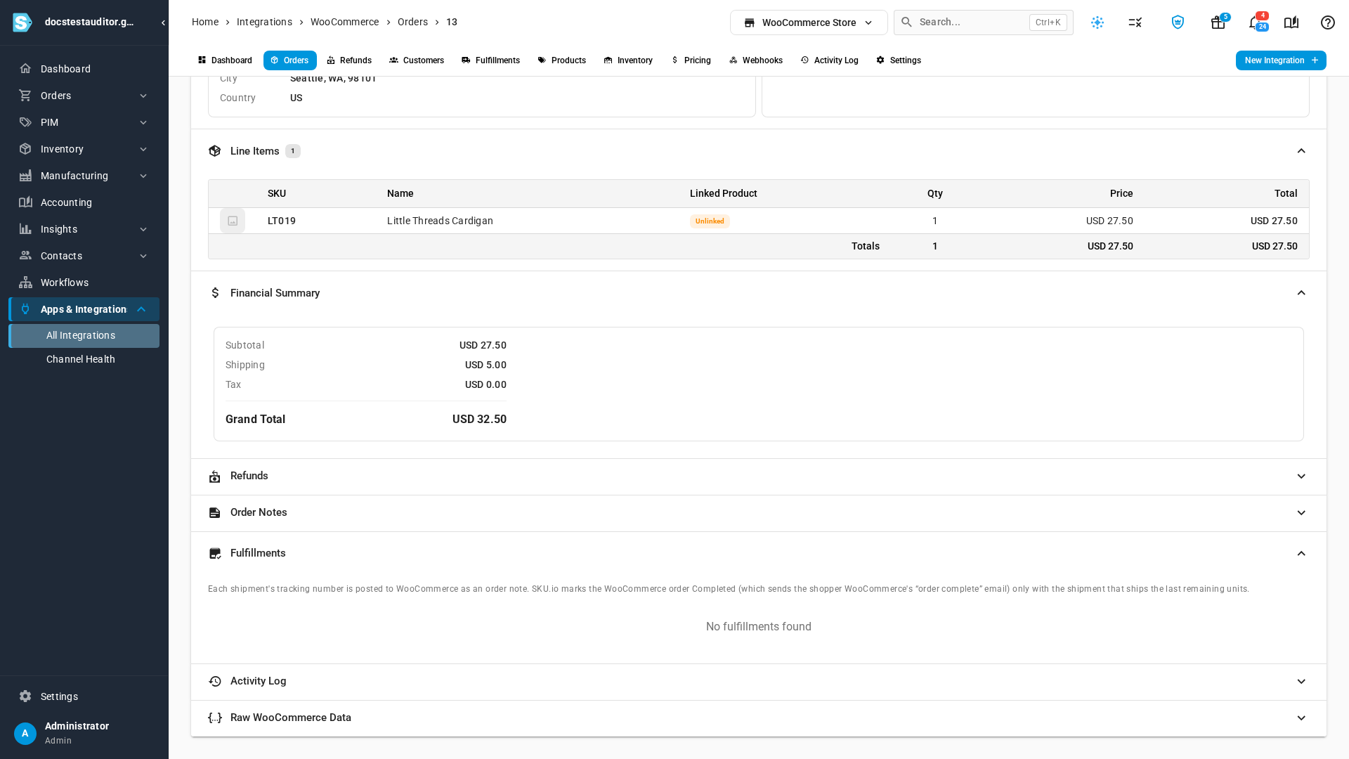The Fulfillments section of a WooCommerce order
