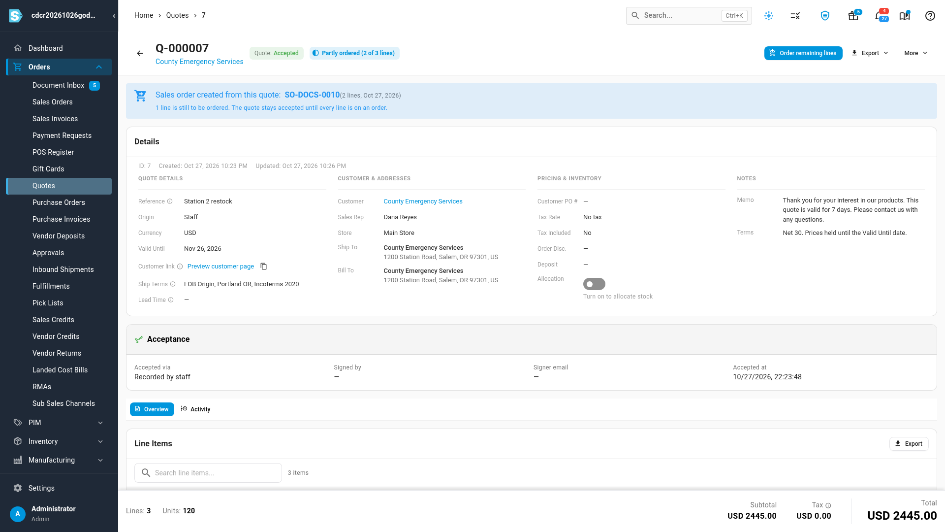 An accepted quote with the Partly ordered (2 of 3 lines) chip, the banner naming its sales order, and the Order remaining lines button