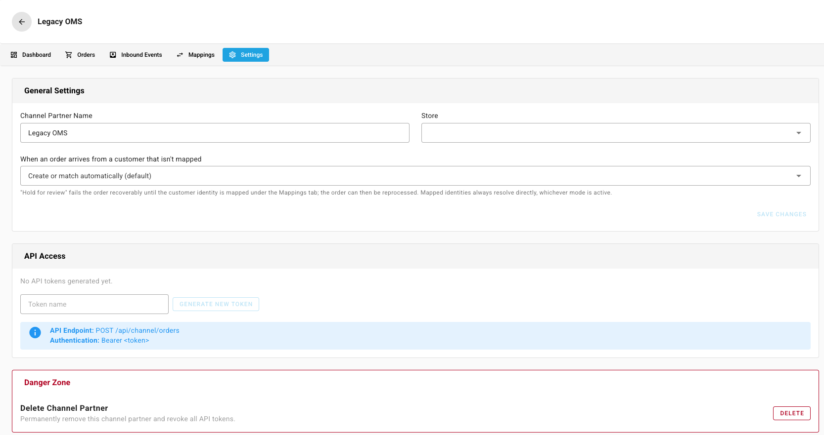 The channel partner Settings tab with General Settings, API Access, and the Danger Zone