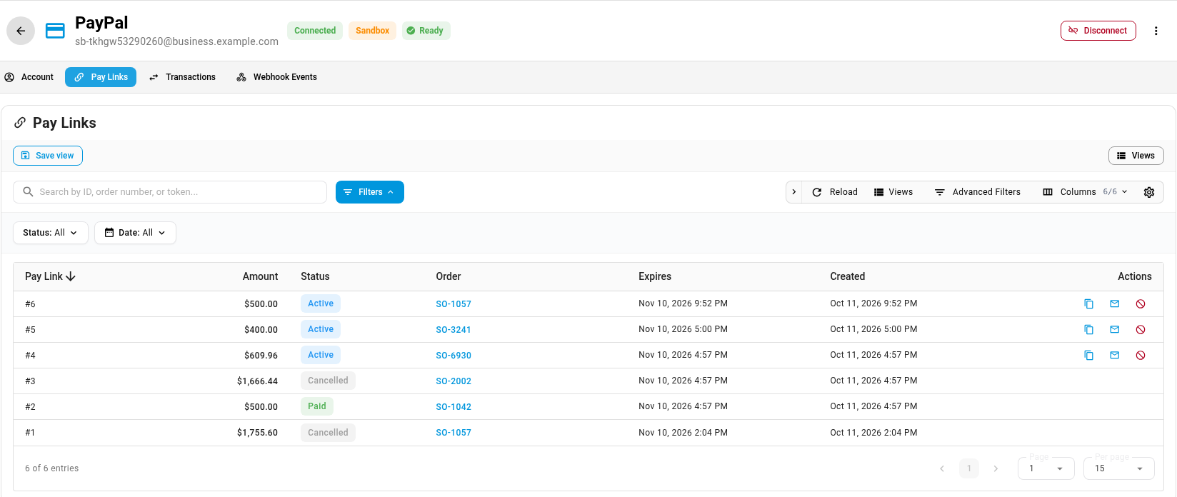 The Pay Links tab of a PayPal account listing links with their amount, status, order and expiry