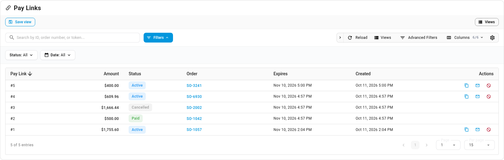 The Pay Links tab, with Active, Cancelled and Paid links, each with its order number, expiry and creation date