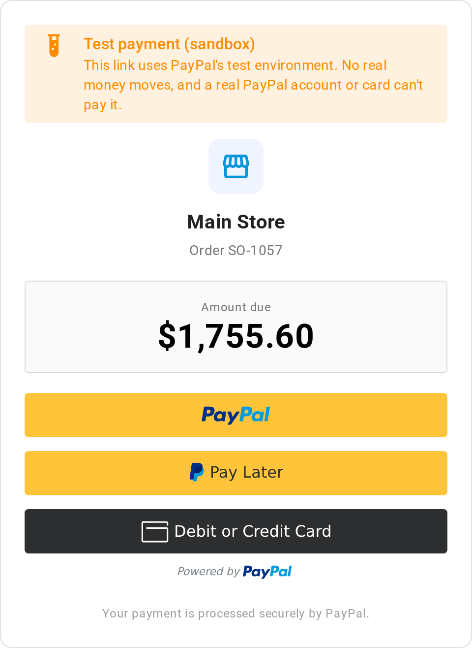 The pay page for order SO-1057 at Main Store: the Test payment (sandbox) notice, Amount due of $1,755.60, and the PayPal, Pay Later and Debit or Credit Card buttons