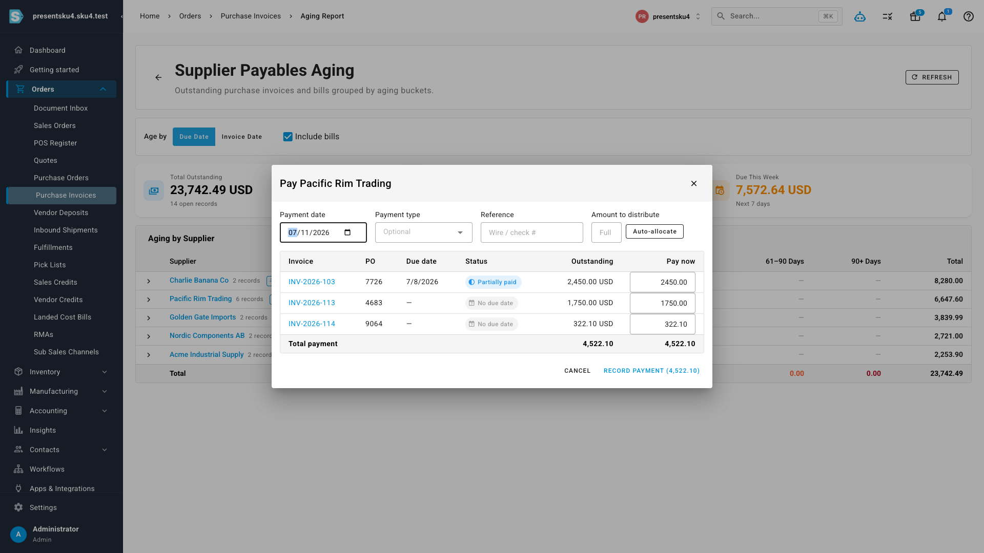 The Pay Supplier dialog: payment date, reference, amount to distribute with auto-allocate, and a per-invoice allocation table showing due dates and outstanding balances