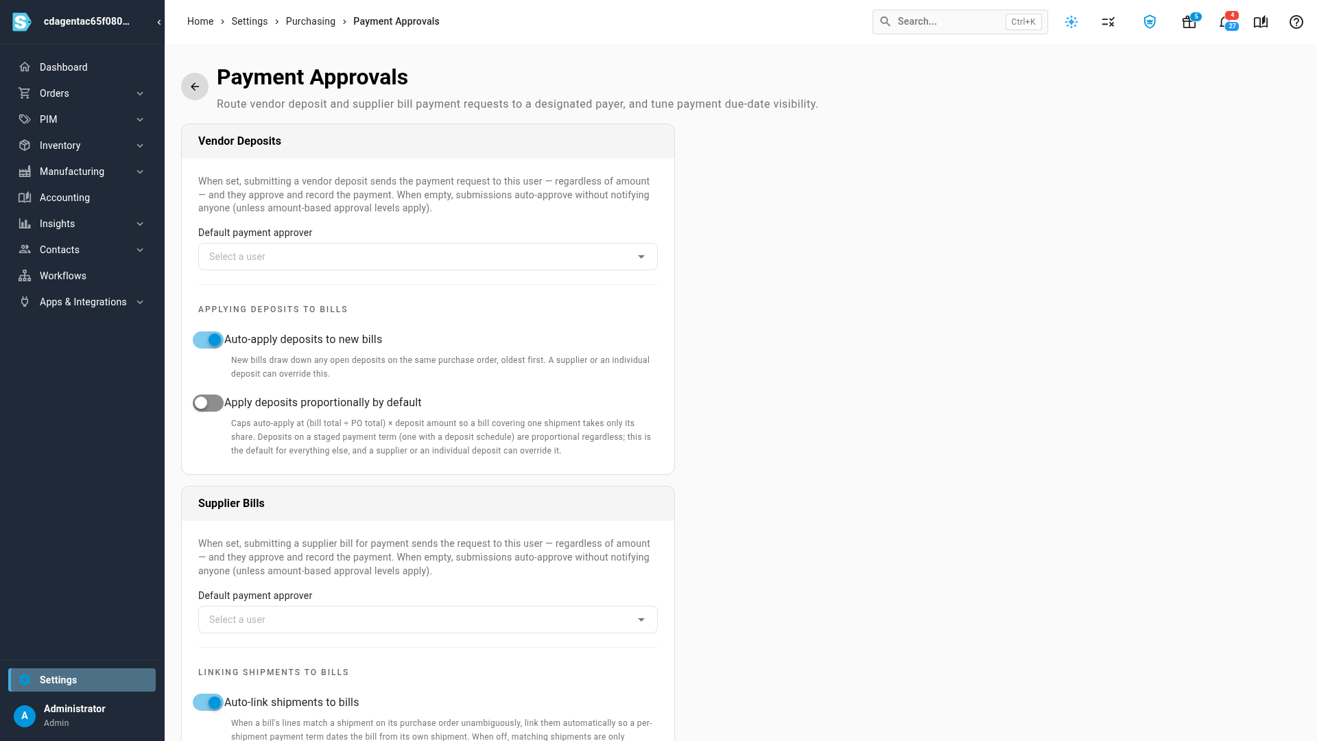 The Payment Approvals page with its Vendor Deposits card