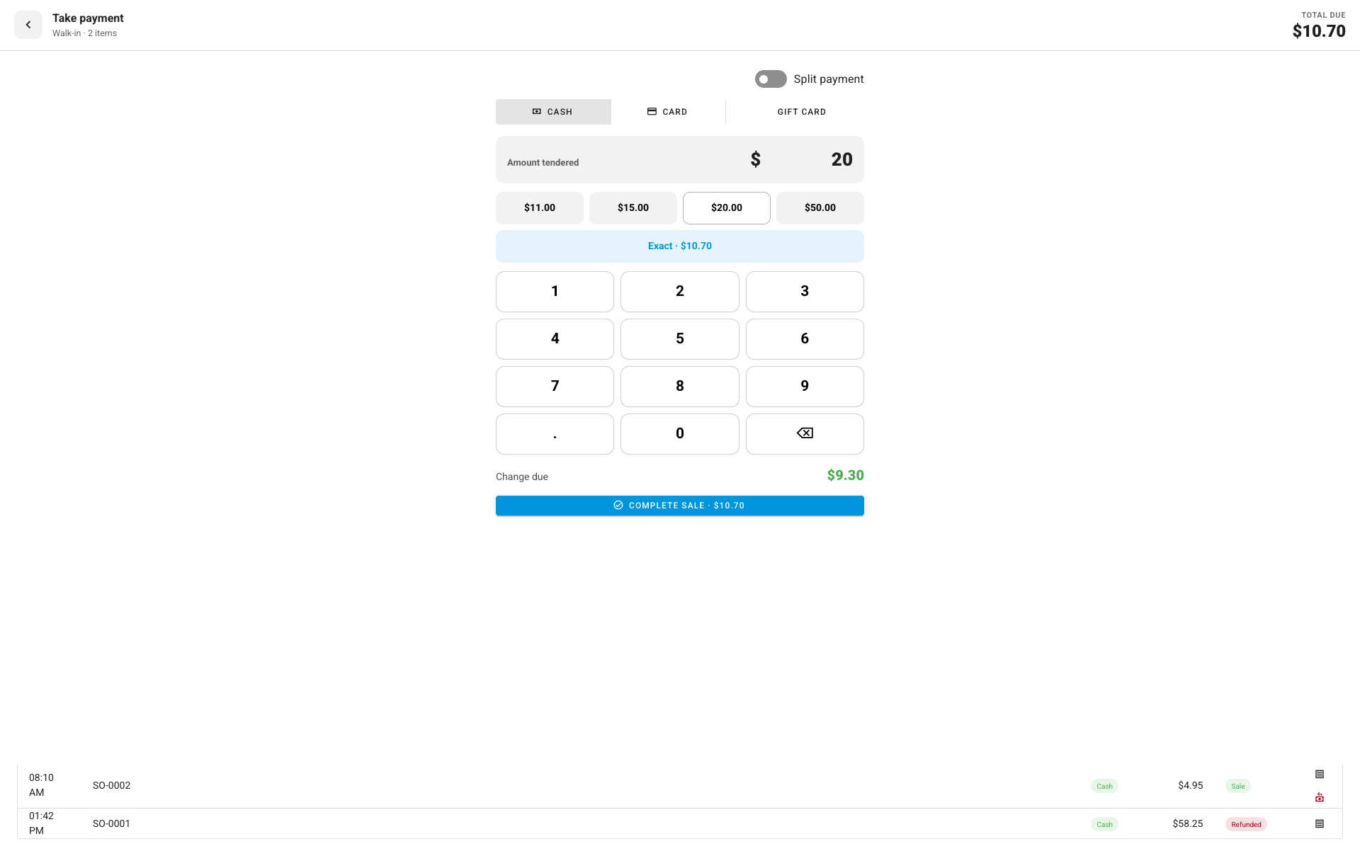 Taking a cash payment — a keypad, quick-cash amounts, and an automatic change-due figure