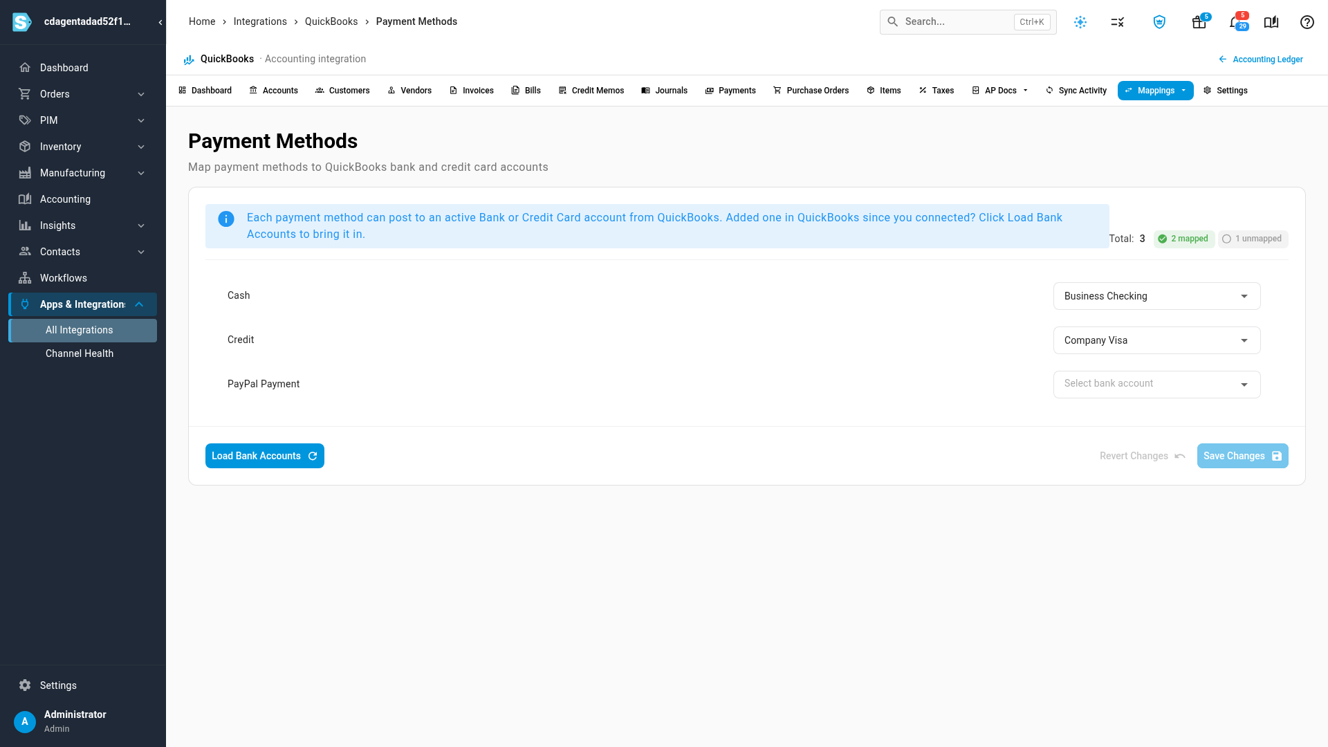 Mappings → Payment Methods with Cash on Business Checking and Credit on Company Visa