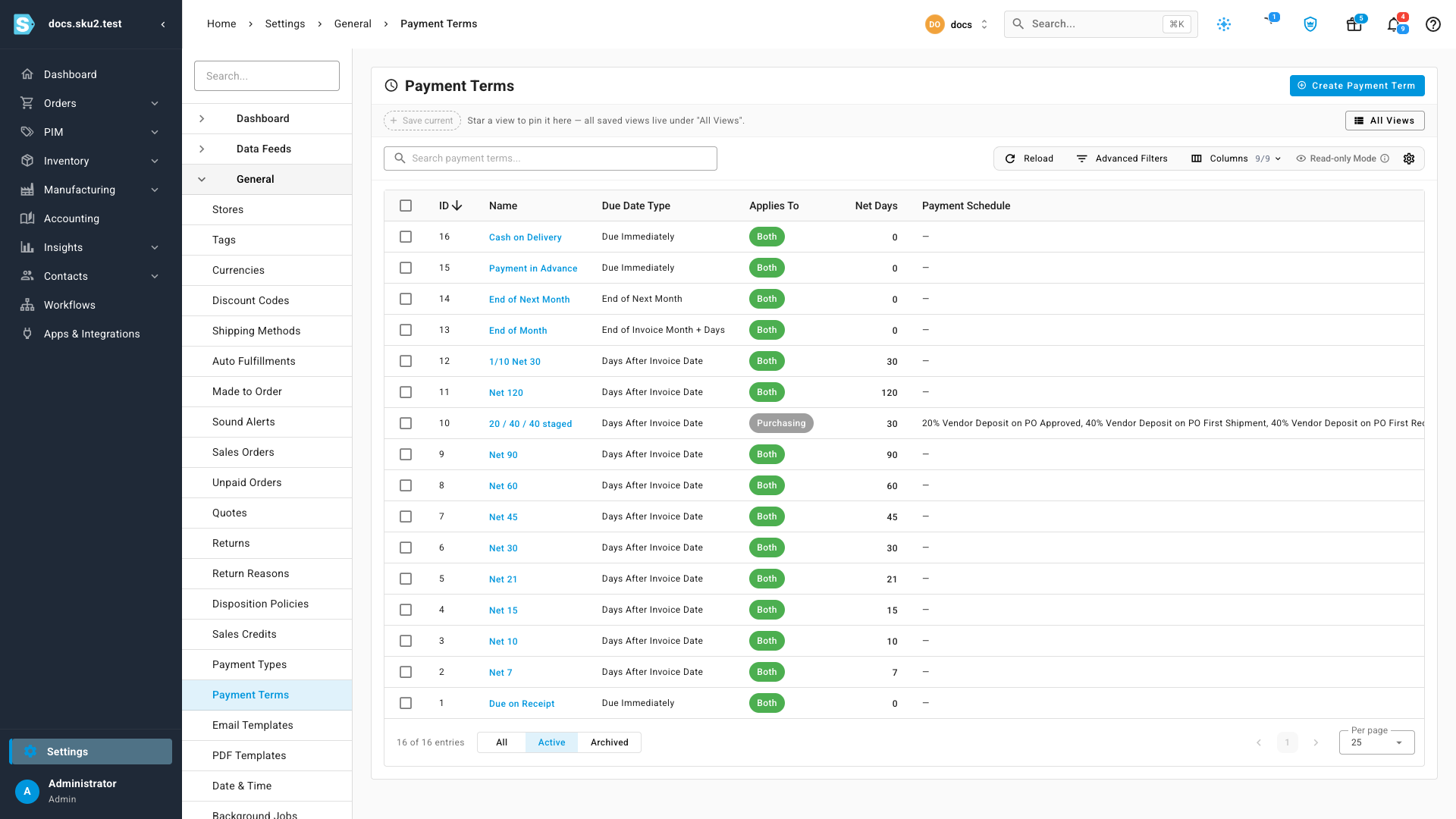 The Payment Terms list under Settings → General, showing each term's due date type, an Applies To column with Both and Purchasing badges, and net days