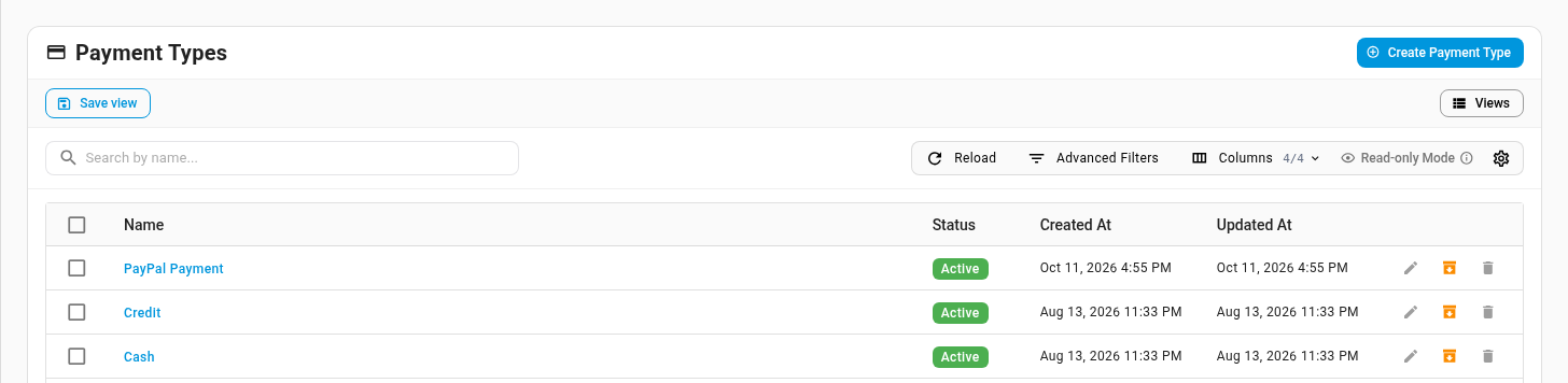 The Payment Types list with Cash, Credit and PayPal Payment