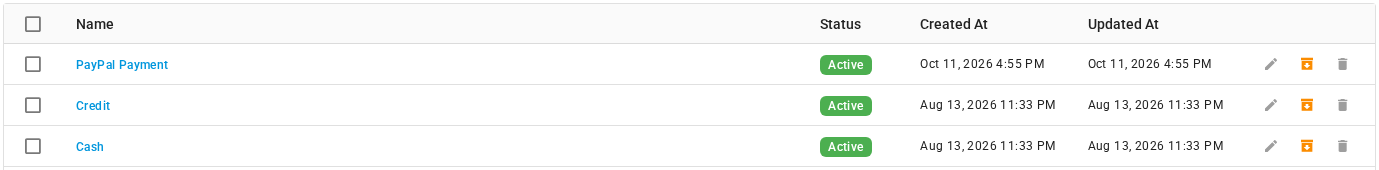 The PayPal Payment type in the Payment Types list