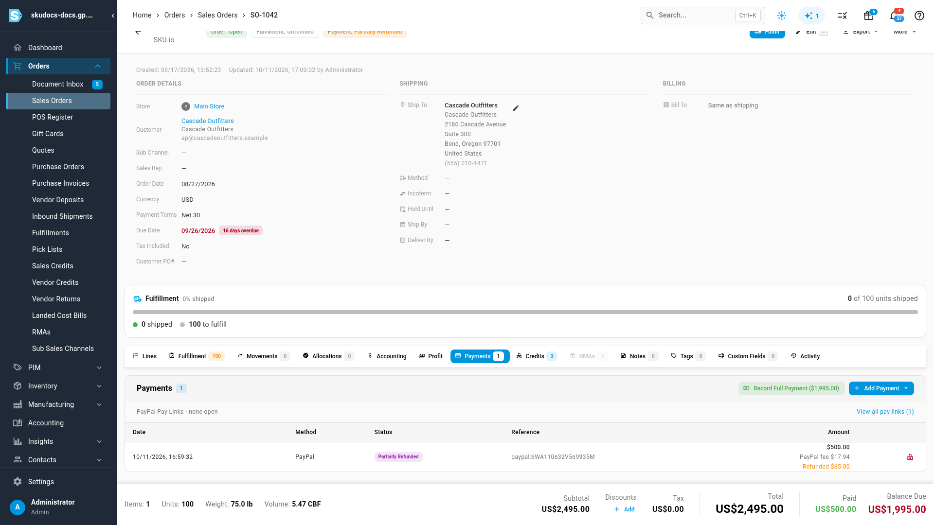 The Payments tab of a sales order with a PayPal payment row, its PayPal fee, and the Refund via PayPal icon