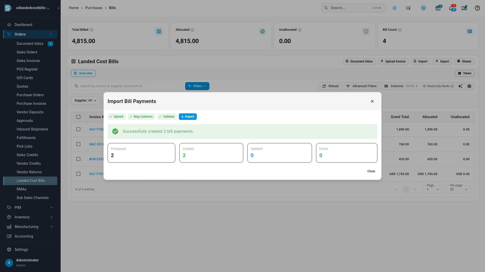The payments import result