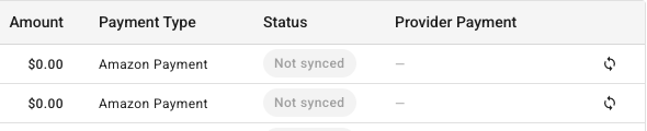 The sync icon at the end of a payment row