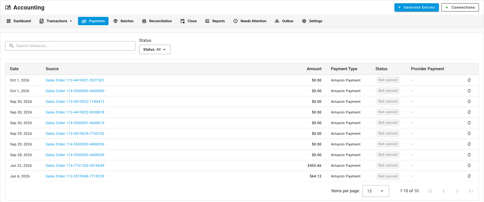 The Payments tab listing payments and their sync status