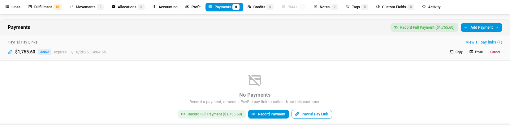 The Payments tab of a sales order, with the Add Payment button and the PayPal Pay Links list